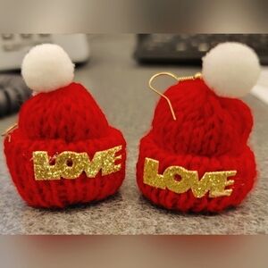 Adorable Red Knit "Love" Hat Dangle Earrings